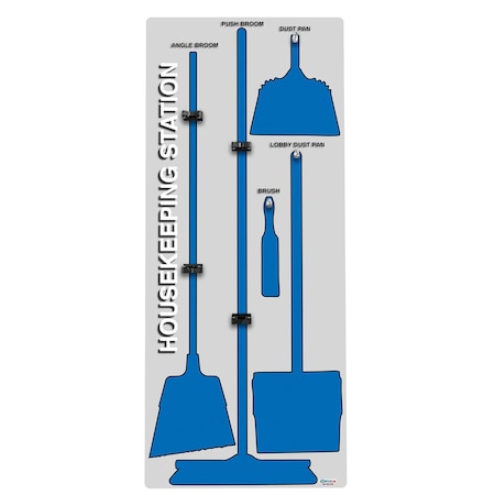 5S Housekeeping Shadow Board Broom Station Version 1 - Gray Board / Blue Shadows No Broom